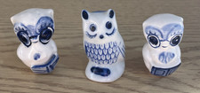 Miniature Owl Figurines 3x Bundle- Blue & White Ceramic ornaments (Approx 4cm)