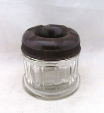 VINTAGE INKWELL, CLEAR GLASS BASE, VELOS BAKELITE NON-SPILL SCREW-ON TOP