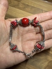 Hand Crafted Red Coral Bead & Silver Tone Bracelet Adjustable