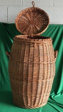 Old Danish Quality Vintage Ali Baba Basket Handmade Willow Rattan Laundry Lidded