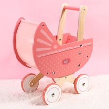 Doll Pram Pink Wooden Small