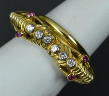 Unique Double Dragon Snake Creature 18ct Gold Ruby Diamond Cluster Ring
