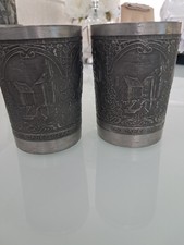 Antique Handmade Engraved German  Two Pewter Cups