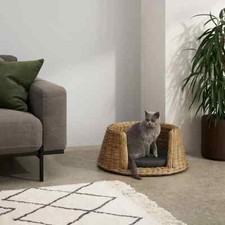 Unique small Dog/Cat Bed, Natural Rattan & Grey, The Crown look-alike! RRP £130