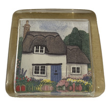 Vintage Sharon Jervis Square Paperweight Thatched Cottage Glass England