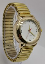 Vintage Gold Tone Talking Ladies 33mm Quartz Wrist Watch On Expanding Bracelet 