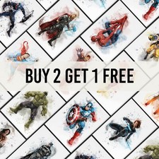 Avengers Superhero Prints  Poster Art Deadpool Wolverine Watercolour