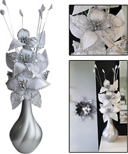 Flourish Vase with Artificial Flowers - Silver Grey and White, Pre-Arranged -