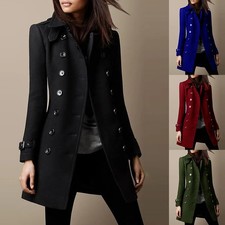 Women's Button Winter Trench Coat Jacket Ladies Slim Fit Parka Overcoat Outwear
