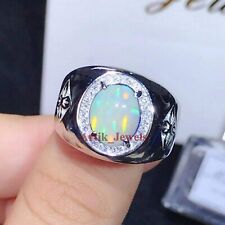 Natural Fire Opal & CZ With 14K White Gold Plated Silver Ring For Men's #595