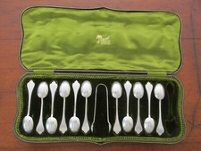 Set Box Antique Sterling Silver Teaspoons & Tongs Robert Stewart Glasgow London