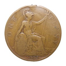 1913 Great Britain One Penny King George V Bronze Coin KM#810 British 1d Z3165