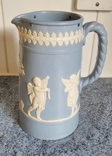 Antique Victorian Dudson Stoneware Jug- White Relief Cherub Motif on blue ground