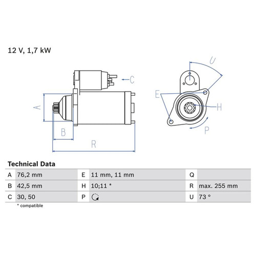 Bosch starter motor 12v - bosch, 1.7kw