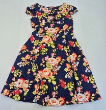 HEARTS & ROSES Floral Dress 16 Blue Women's Cotton Blend A-Line Midi