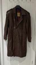 mens long brown leather trench coat M Size
