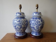 Pair of Chinese blue and white Ginger temple Jar style Lamps