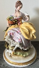 signed CAPODIMONTE porcelain DRESDEN LACE seated WOMAN with 2 BIRDS FIGURINE