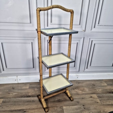 Vintage Rattan 3 Tier Cake Display Stand – Glass Shelves – Mid-Century Art Deco