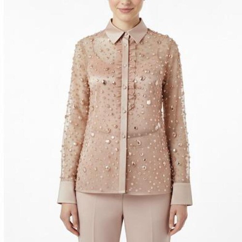 Beaded mesh ruffle shirt with - mesh,
