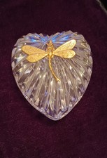 Glass Heart Shaped Trinket Box, Jewellery box, Ornament With Gold Dragonfly