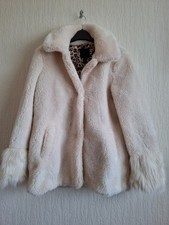 River Island Women’s Cream Faux Fur Coat with Animal Print Lining Size 10 bnwot