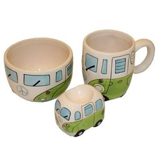 Retro Boxed Ceramic Camper Van Breakfast Set - Mug, Bowl, Egg Cup - Green