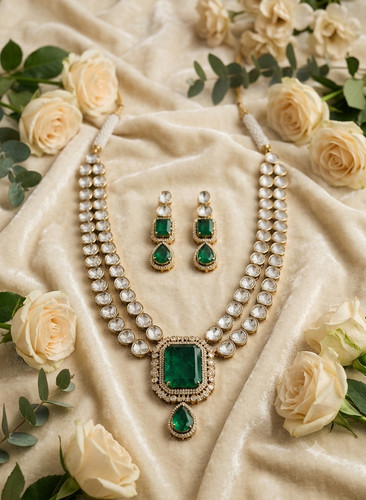 Emerald polki necklace - emerald,