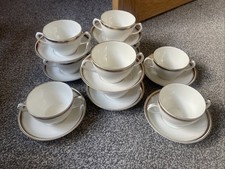 9 Double Handles Cups And Saucers, Losol Ware White With Gold Rim Design