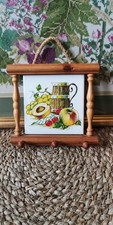 Vintage Kitsch Tile And Wood Hanging Key / Tea Towel Holder Hooks Fruit Design