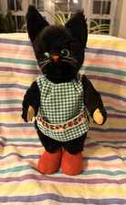 Vintage Kersa Black Cat with Apron/Dress - Metal badge to Foot - 1950's