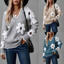 Women Knitted V Neck Sweatser Flower Jumper Winter Warm Long Sleeve High Quality