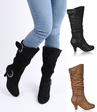 WOMENS LADIES MID HEEL WINTER TWIN BUCKLE ZIP CALF KNEE RIDING SHOES BOOTS SIZE