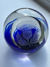 Blue Etched Scottish Thistle Large Glass Paperweight