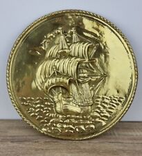 Brass Wall Plate Viking Sailing Ship Lombard England Round 11in Dia Vintage.