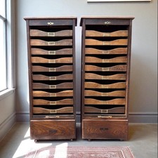 Pair Of Vintage Oak Roll Front Filing Cabinets, Tambour Front Filing Drawers.
