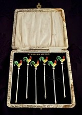 Vintage Sterling Silver Enamel Rooster Cocktail Sticks/Picks Set of 6 in Box