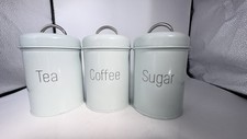 Set Of 3 Duck Egg Blue Green Enamel Metal  Tea Coffee Sugar Canisters