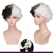 Black White Curly Hair Halloween Party Fancy Dress Up 12'' Cruella Cosplay Wig
