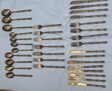 Vintage Midcentury Brass Bamboo Style 34 piece Cutlery Set Canteen incomplete
