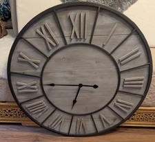 Large Rustic Grey Wood Roman Numeral Wall Clock - Oversized Farmhouse (77cm)