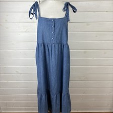 TU Dress Size UK 16 Blue Midi Chambray Denim Tiered Holiday Summer Tie Straps