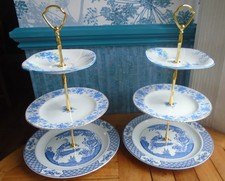 2 x  3 tier cake stand Mismatched white & blue floral  plates incl Yuan