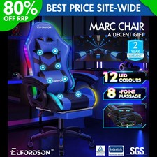 ELFORDSON Gaming Office Chair Massage RGB LED Recliner Swivel Tilt Computer Blue