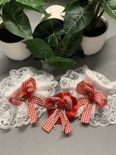 Frilly School Socks Size 6-8.5 With White Lace And Red Checked Bows And A Bobble