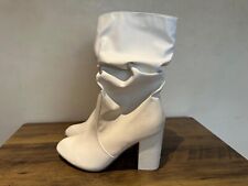 LADIES WOMEN'S WHITE LEATHER PULL ON BLOCK HEEL MID CALF BOOTS UK 7 EUR 40 SK001