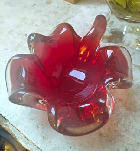 Red art glass freeform - red, ruffled