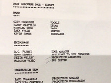 ? OZZY OSBOURNE-TOUR MEMO 1992 REVISED EUROPEAN LIST -OZZY, ZAKK WYLDE 