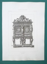 FRENCH ARMOIRE Louis XIV Style Carved Caryatids Muses Cherubs - 1857 Etching