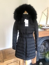 Zara Black Wind Protection Duck Down Hooded Belted Long Puffer Coat S UK10 #P23S